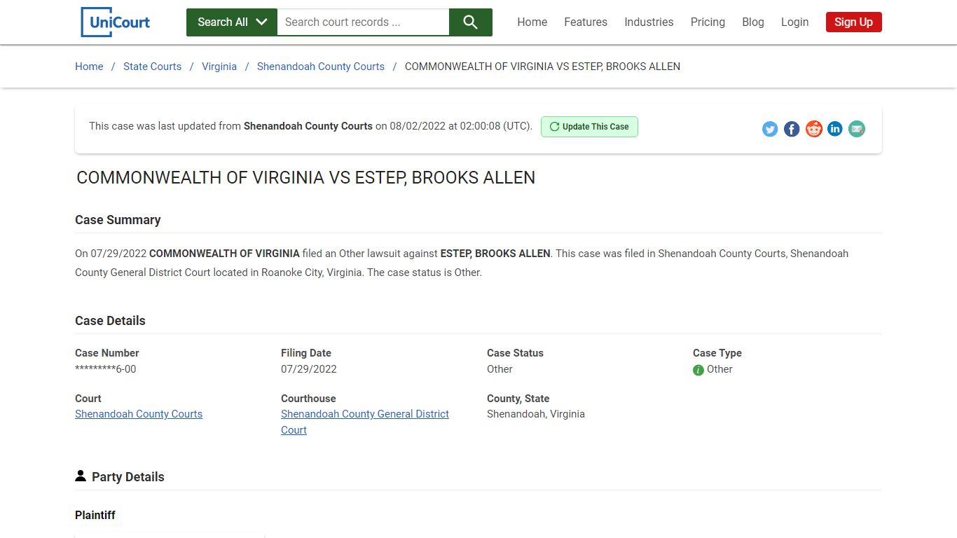 COMMONWEALTH OF VIRGINIA VS ESTEP, BROOKS ALLEN | Court Records - UniCourt